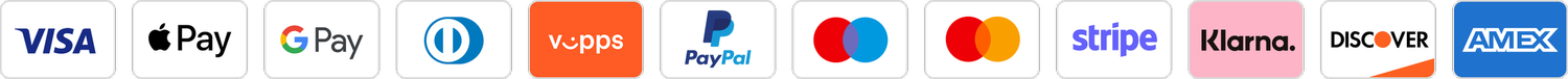 Vi aksepterer Visa, Apple Pay, Google Pay, Diners, Vipps, PayPal, Maestro, Mastercard, Stripe, Klarna, Discover og Amex